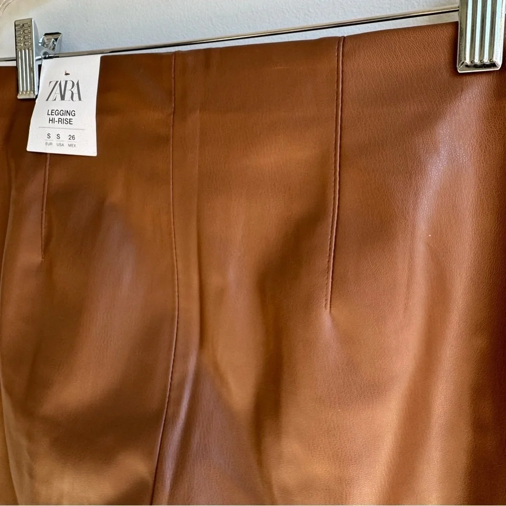 Zara Brown Faux Leather High‎ Rise Leggings w Raw Hem size S - Picture 11 of 15